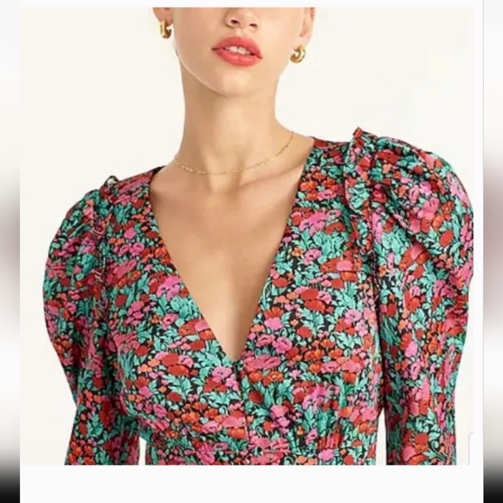 NWT J.Crew Collection Drapey Puff-Sleeve Midi in Ratti® Red Blooms Dress 8 - Picture 2 of 7
